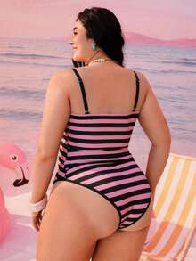 Swim Mod 2026新款加大码女式两件套随机几何印花时尚度假休闲简约显瘦端庄蝴蝶结可调节加粗肩带高腰高开衩三角比基尼泳衣 - 粉色 - 查看 2
