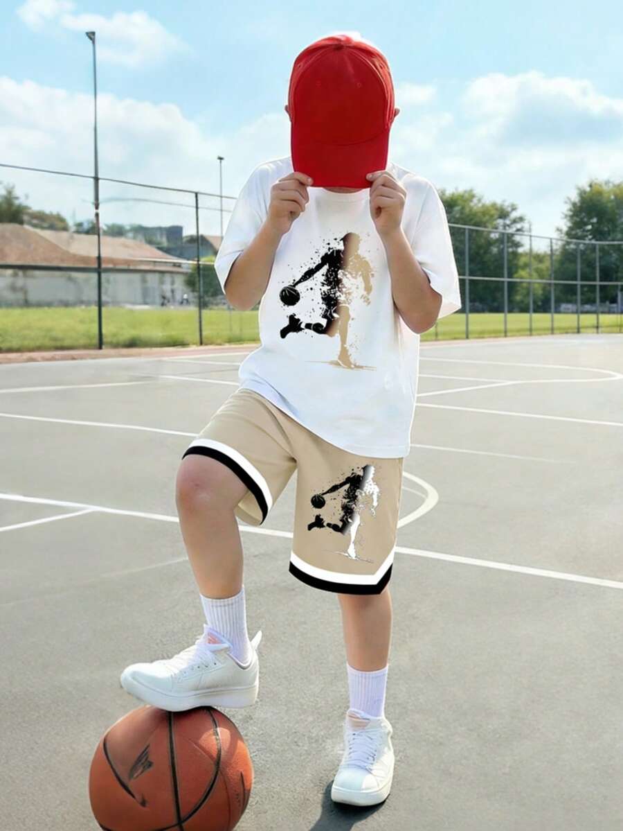 2pcs/Set Teenage Boys' Basketball Sports Short Sleeve Round Neck T-Shirt + Pocket Shorts Set - Multicolor - View 1