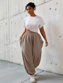 SHEIN Slayr Women's Flowy High Waist Parachute Jogger Pants With Cuffed Bottoms, Comfortable Loose Fit Loungewear, Brown Working Pants Yoga Wrap Around Pants Women's Trousers Summer Women's Summer Outfits Pants With Skirt Attached - Coffee Brown - View 8