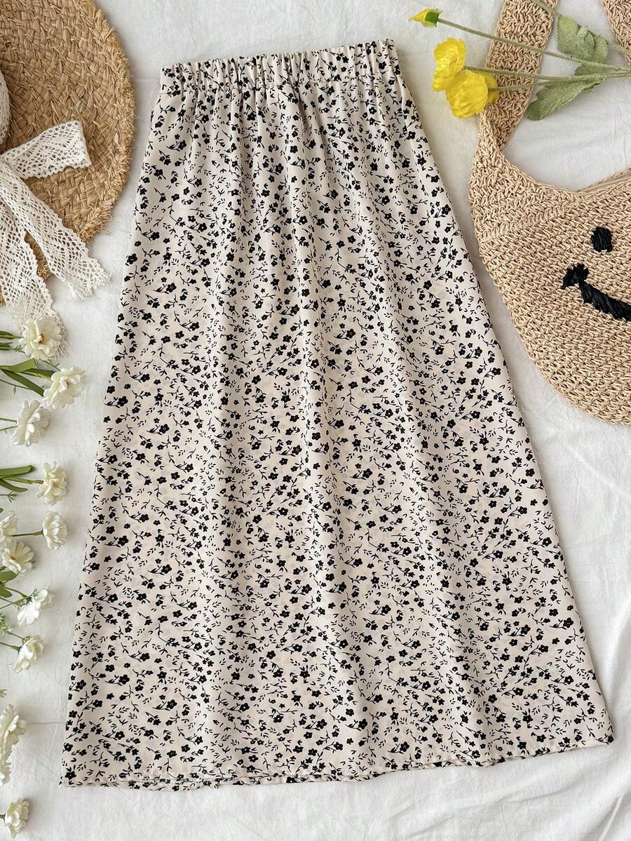 SHEIN Rok Belahan Bawah Motif Bunga Kecil untuk Remaja Perempuan, Rok Maxi Panjang Musim Panas Motif Aprikot, Fleurora Musim Semi yang Elegan - Aprikot - View 1