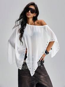 TypaGal Top décontracté polyvalent pour usage quotidien pour femmes, de couleur unie, avec décoration d'épaule asymétrique et clous - Blanc - Voir 5