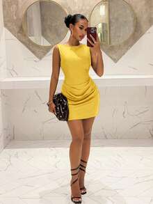 Slaydiva Yellow,Summer,Elegant,Party Night,V-Neck Sleeveless Ruched Waist Open Back Pearl Chain Decor A-Line Mini Dress,Elastic Satin,Suitable For Wedding - Light Yellow - View 5