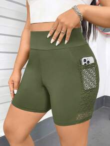SHEIN Essnce 大码女式春夏健身沙滩装夏季短裤慢跑裤新款时尚休闲通勤运动设计拼接镂空蕾丝口袋黑色紧身打底裤，打底短裤 - 軍綠色 - 查看 1