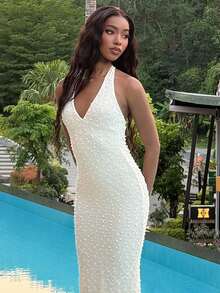 Mima John 春夏新款浪漫 V 领纹理紧腰修身长裙，优雅约会之夜造型 - 杏色 - 查看 6