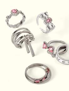Popjeli 6pcs/Set Fashionable Pink Crystal Bow Heart Zirconia Rings, Y2K Shiny Zirconia Rings For Women And Girls, Party Jewelry - 6-piece Set - View 8