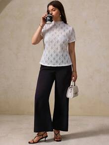 Elegantrix 1 pieza Camiseta de mujer de talla grande con cuello de pie hueco y estampado de polvo, elegante y casual, para primavera/verano - Blanco - Ver 5