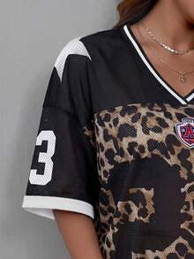 SHEIN EZwear Đầm dệt kim tay dài cổ chữ V dáng rộng, họa tiết da báo, thích hợp cho các lễ hội âm nhạc mùa hè, cỡ lớn. - Nhiều màu - Xem 4