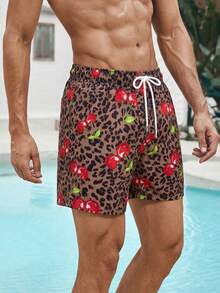 Azuldrift Pantalones cortos de playa casuales con cordón y estampado de leopardo de cereza para hombres - Caqui - Ver 6