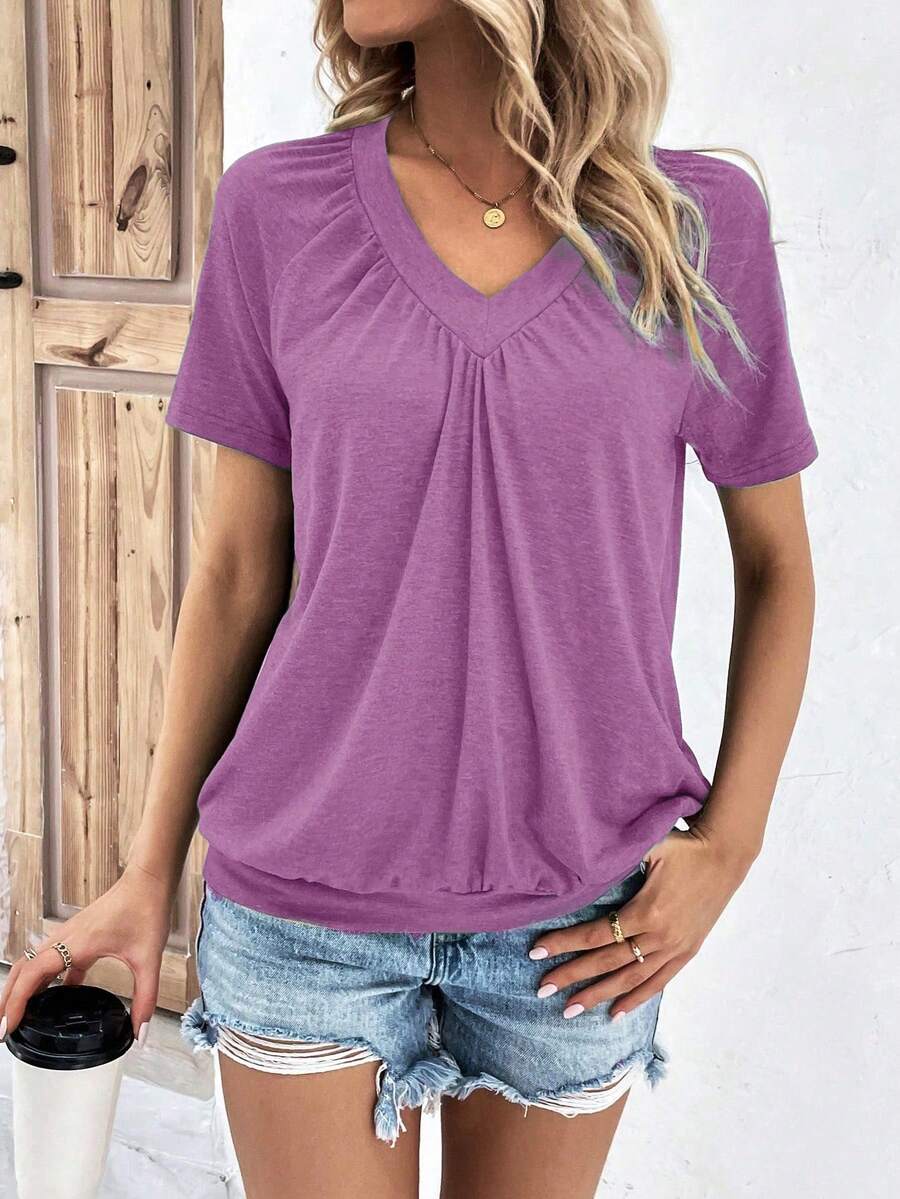 EMERY ROSE Women's Solid Color Minimalist Pleated V-Neck Short Sleeve T-Shirt, Versatile For Daily Wear - Purple - View 1