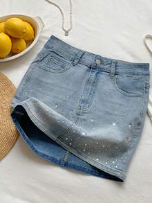 Comfortcana Falda vaquera casual de mujer con bolsillos y diseño de strass - Lavado ligero - Ver 4