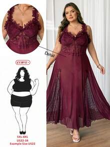 SHEIN CURVE+ 大码女式立体花卉纯色连衣裙，度假连衣裙，性感酒红色长裙 - 酒紅色 - 查看 9