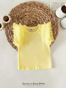 Cozy Pixies Baby Girl Solid Color Knit Soft Round Neck Short Sleeve Pullover Top, Versatile & Comfortable - Yellow - View 8