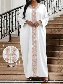 SHEIN Lady Women's Spring/Autumn Conservative Elegant Glamorous Party Banquet Patchwork Rhinestone Embroidered V-Neck Batwing Sleeve Loose Super Long Dress - White - View 1