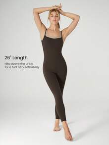 GLOWMODE 26'' FeatherFit™ 2 In 1 Contrast Strap Jumpsuit With Side Pockets Low Impact Yoga Pilates Daily Removable Cups - Chocolate Brown - View 5
