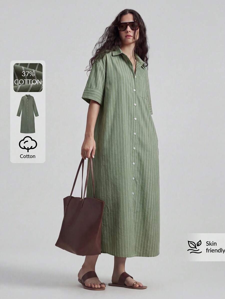 Ontre 2026新款夏季綠色與棕色條紋洋裝,適合海灘穿搭、度假穿搭、鄉村風、鄉村音樂節、都市通勤、休閒、極簡時尚、優雅通勤女裝 - 綠色 - 查看 1