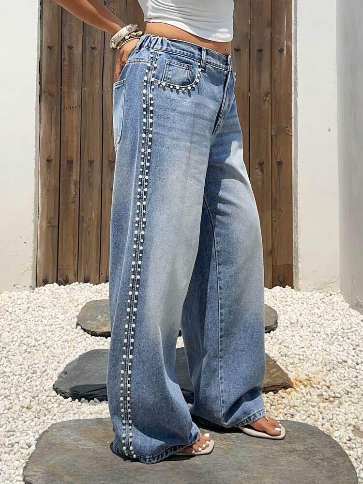 Dazy Plus Regular Waist Pearl Beaded Loose Straight Leg Jeans, Casual City Style Plus Size Women Spring/Summer