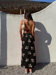 Sunnyshic 女士红色印花深V领露背系带连衣裙，性感浪漫海滩度假风 - 黑色 - 查看 2