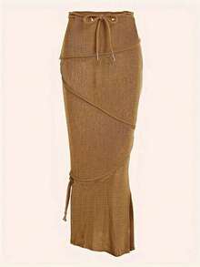 Franclia Women's Solid Color Fitted A-Line Skirt With Random Floral Print - Khaki - View 1