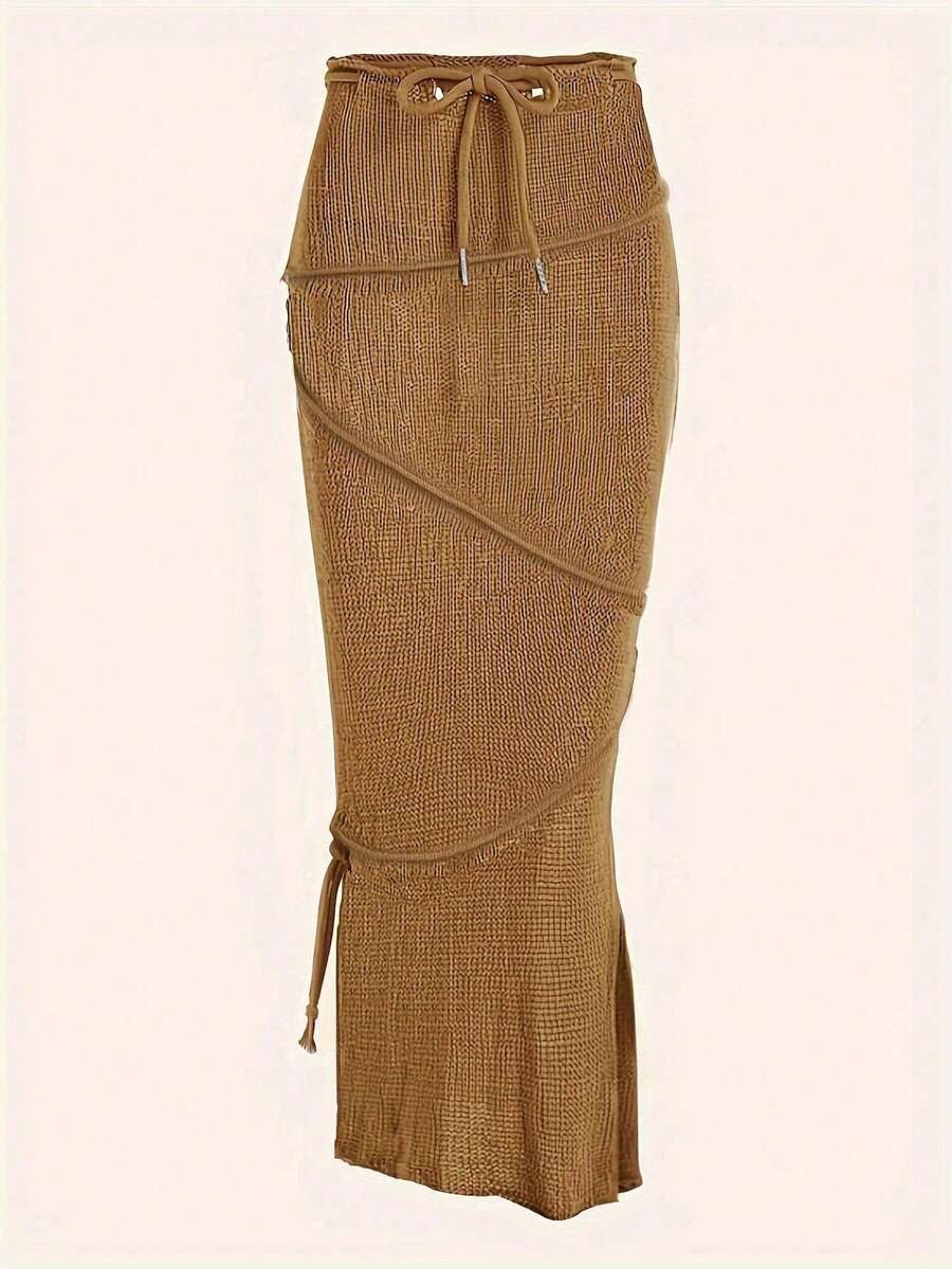 Franclia Women's Solid Color Fitted A-Line Skirt With Random Floral Print - Khaki - View 1