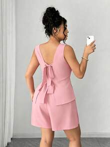 Elenzga Women's Pink Sleeveless 2-Piece Set, Backless Bow Tie Waist Top + Shorts, Suitable For Dates Evening Tea Party, Shopping, Parties, Chic Style Elegant - Baby Pink - View 2