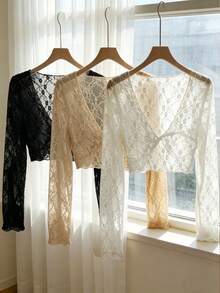 Airaco 女士休闲蕾丝扭结设计长袖上衣 - 彩色 - 查看 3