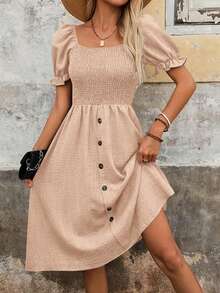 EMERY ROSE Vestido de mujer con efecto denim, mangas abullonadas y silueta en A - Albaricoque - Ver 4