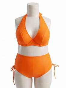 Slaydiva Plus Size Women's Solid Color Halter Tie Sexy Bikini And Triangle Panty Swimwear Set - Orange - View 8