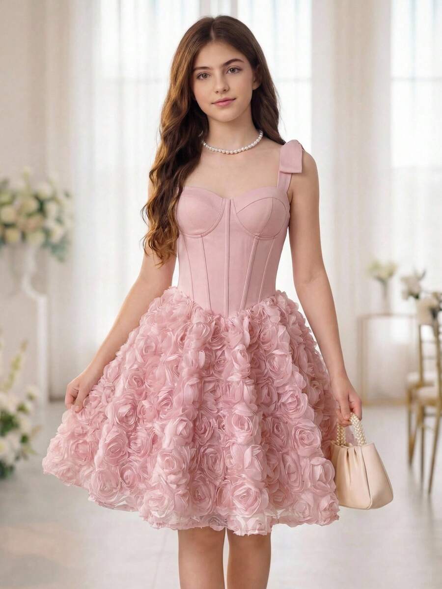 Pitira 少女派对礼服粉色纯色缎面拼接网纱蝴蝶结腰部迷你连衣裙,优雅时尚咖啡色缎面无肩带美人鱼式花卉装饰裙摆,适合单身派对、婚礼、毕业典礼、度假、下午茶、舞会等场合。 - 粉色 - 查看 1