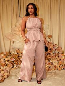 Slaydiva Women's Plus Size Elegant Dusty Pink Summer 2 Pieces Outfit,Backless Tie Strap Top & Wide Leg Pants Set For Holiday,Tea Party,Vacation & Casual Wear - Khaki - View 16