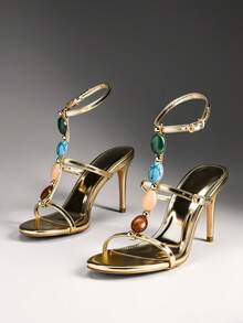 SHUZIA Women's Sexy Elegant Gemstone Decor Ankle Strap Stiletto Heel Sandals - Gold - View 6