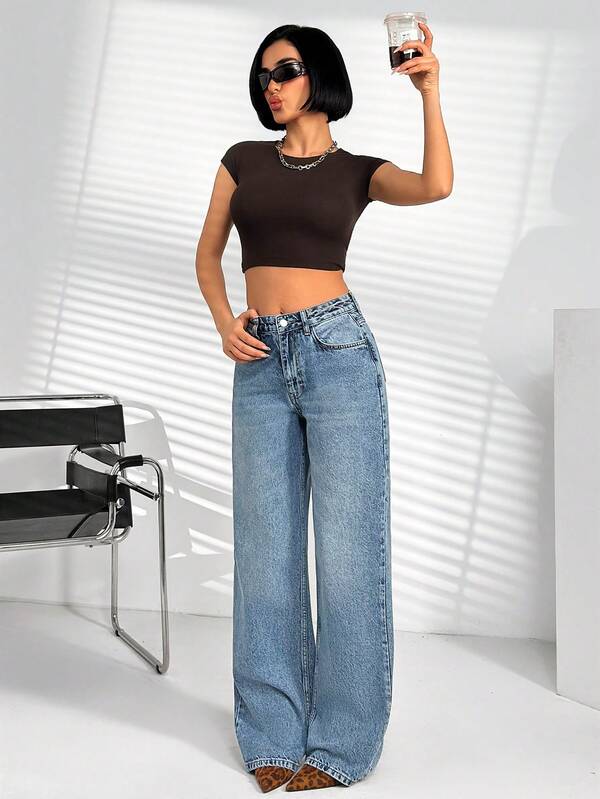SHEIN Pantalón vaquero de mujer de estilo casual, de cintura alta, lavado azul, suelto y recto, con detalle de botones en la parte delantera, 100% algodón