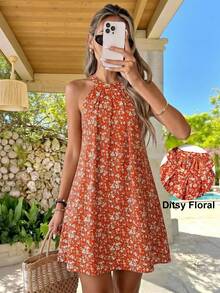 Breezaya Women Summer White Floral Halter Neck A-Line Dress,French Chic Vintage Ditsy Floral Pleated Sundress,Boho Holiday Island Resort Vacation Picnic Wear - Multicolor - View 7