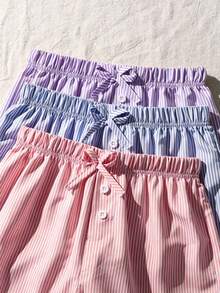 Sparklyn Tween Girls 3 PiecesStriped Shorts Set For Summer, Yellow/Blue/Pink, Bow Waist Loose Fit Comfortable For Daily Wear, Playtime, Home Relaxation - Multicolor - View 6