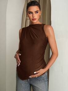 MaterniChic Maternity Solid Color Ruched Asymmetric Hem Fitted Sleeveless Blouse - Brown - View 4
