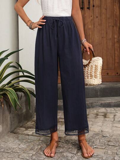 EMERY ROSE Women's Solid Color Tie-Waist Wide Leg Loose Casual Pants Women's Pants Summer Outfits For Women Trousers For Women 100% Cotton Joggers Women Wide Leg Pants Woman Women's Country Pants