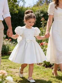 Glamorique Kids Girls' White Sleeveless Beaded Bow Decor Party Dress, Children's Birthday Wedding Flower Girl Dress, Minimalist Elegant Princess Gown For Party White Bow Dress Girls Elegant White Dress Disneyland Flower Girl Princess Dress White Baptism Dress With Pearls Sparklyn Short Sleeve Girls Dress Little Sister Girl White Elegant Dress White Pearl Dress Communion White Flower Girl Dress Girls Dress Short Sleeve - Beige - View 1