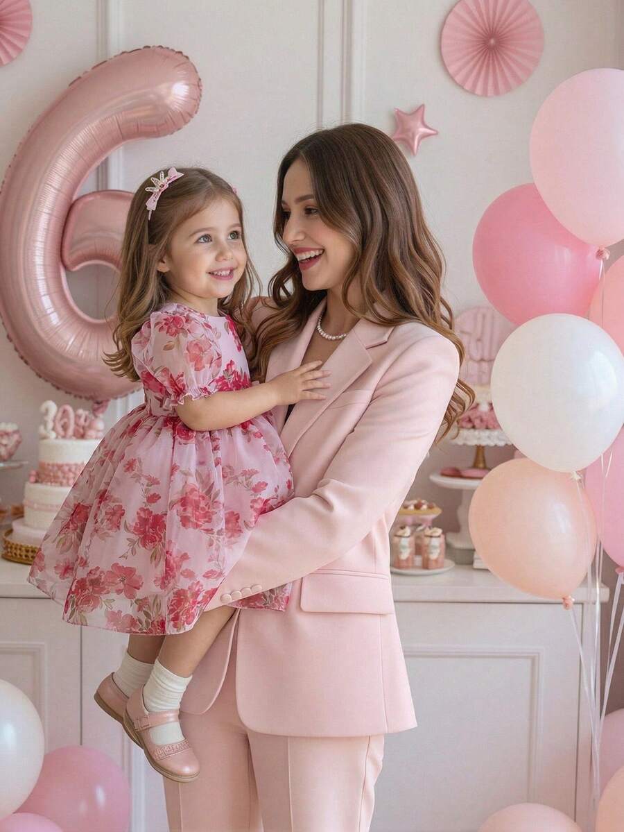 SHEIN Glamorique Kids 年轻女孩优雅迷人可爱粉色泡泡袖收腰奢华荷叶边连衣裙 - 粉色 - 查看 1