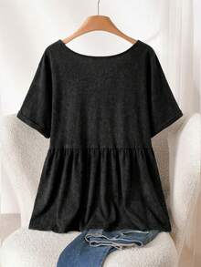 CosyJoli 大码女式水洗上衣，休闲女式T恤刺绣衬衫，娃娃领上衣 - 黑色 - 查看 2