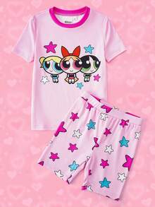 THE POWERPUFF GIRLS X SHEIN Cartoon Print Top & Star Print Shorts Snug Fit Pajamas For Young Girls - Pink - View 1
