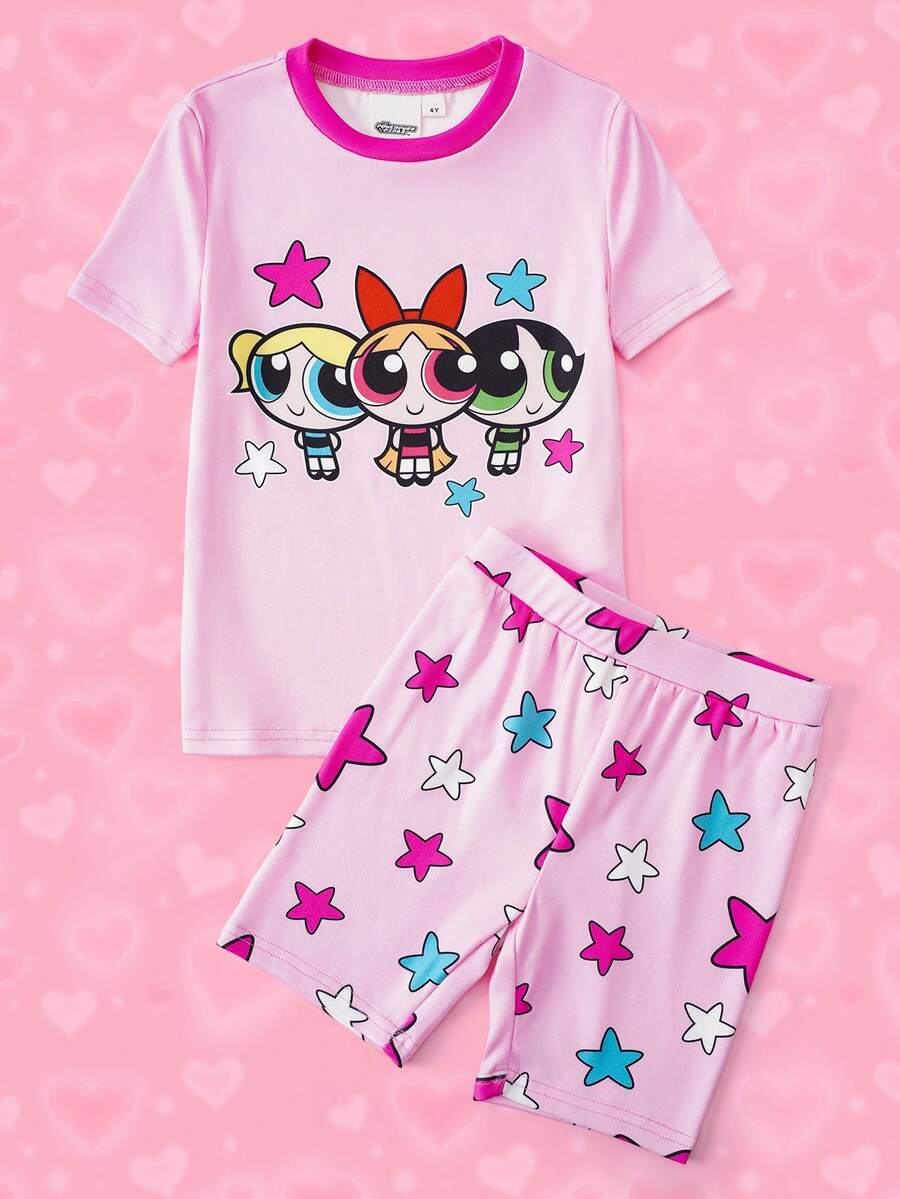 THE POWERPUFF GIRLS X SHEIN Cartoon Print Top & Star Print Shorts Snug Fit Pajamas For Young Girls - Pink - View 1