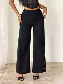 SHEIN PETITE Pantalones negros de punto de mujer con entretejido geométrico de encaje ancho - Negro - Ver 1