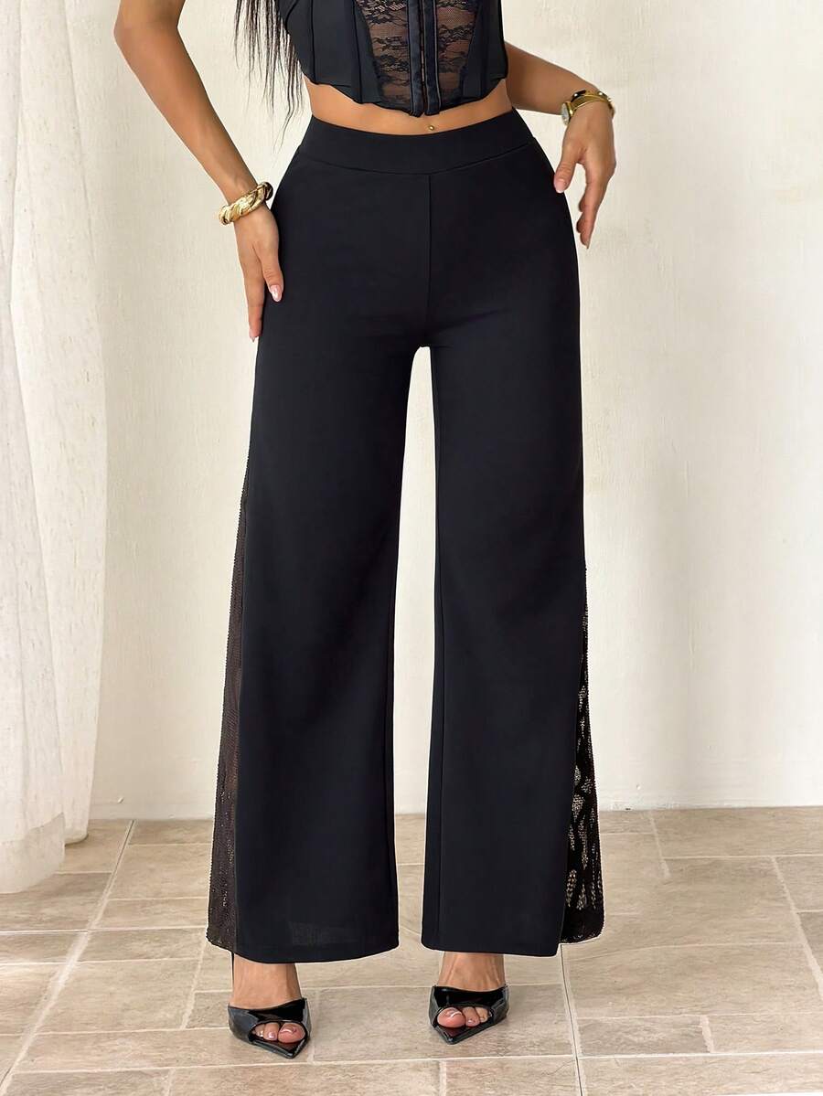 SHEIN PETITE Pantalones negros de punto de mujer con entretejido geométrico de encaje ancho - Negro - Ver 1