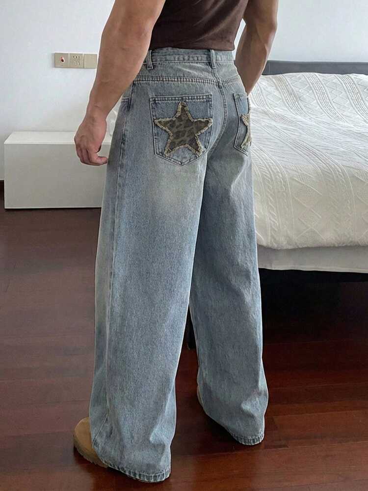 Plus Size Men's Long Blue Denim Jeans With Back Pocket Embroidery Design, Suitable For Spring And Autumn Summer