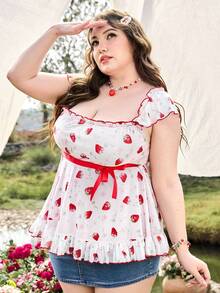 ROMWE Kawaii Spring / Summer Plus Size Women's Cute "Doll Shirt" Strawberry Print, Contrast Lace, Vacation Vibe, Suitable For Spring/Summer Valentine's Day - Pink - View 10