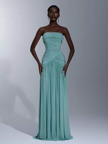 Elitara 优雅橄榄绿高弹针织褶皱胸部收腰鱼尾连衣裙，适合约会、度假、海滩、婚礼、单身派对、伴娘礼服（成人款） - 綠色 - 查看 2