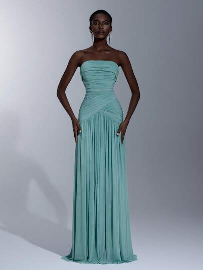 Elitara Elegant Olive Green High-Elastic Knit Ruched Bust Waist-Slimming Fishtail Hem Dress, Suitable For Dates, Vacations, Beach, Weddings, Singles Parties, Bridesmaid Dresses (Adult)