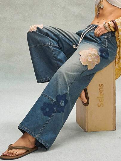 Bohemela Boho Spring/Summer Outfits, Vintage Women's Vacation Beach Bohemia Casual Blue Woven Loose Fit Vacation Floral Embroidery Pattern Pants, Casual Vacation, Western Country Style Concert Party Outfits, Suitable For Beach Vacation Outfit & Daily Wear & Back To School & Going Out Outfits & Party Outfits, 2000s Outfits, Y2k Clothes, Summer Holiday Outfits