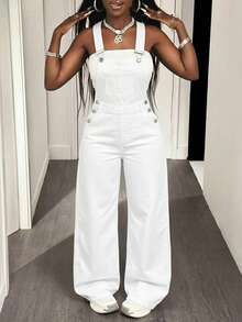 Slaydiva Quần yếm denim dáng rộng thoải mái dành cho nữ, có túi. - trắng - Xem 3
