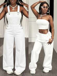 Slaydiva Quần yếm denim dáng rộng thoải mái dành cho nữ, có túi. - trắng - Xem 7