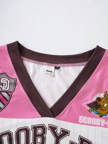 SCOOBY-DOO X SHEIN 大码女式夏季休闲运动日常通勤时尚街头趣味卡通字母印花撞色V领宽松T恤 - 粉色 - 查看 3